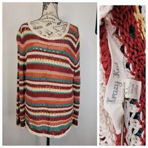 Krazy Kat Top Womens SZ L Fishnet Open Knit Boxy Long Sleeves Multicolor Stripe